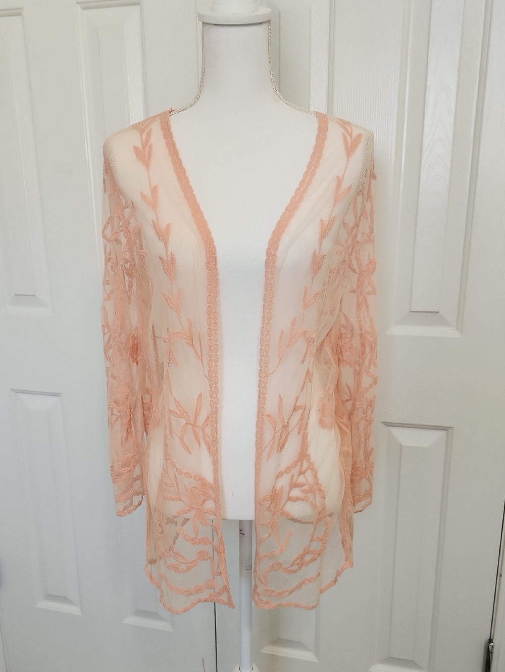 Nina Leonard Lace Kimono Coral Pink M Feminine Romantic Coquette